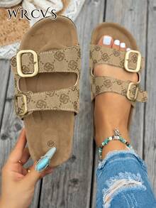 WRCVS Black Leopard Print Women's Flat Sandals With Buckle Decor, Random Pattern Slippers, Cork Sole, Non-Slip Beach Shoes, Bohemian Style Vacation Shoes - Brown - View 2