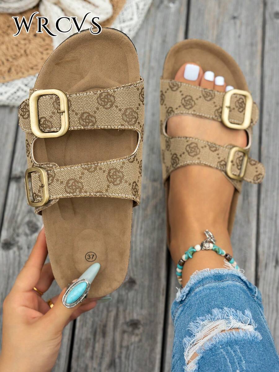 WRCVS Black Leopard Print Women's Flat Sandals With Buckle Decor, Random Pattern Slippers, Cork Sole, Non-Slip Beach Shoes, Bohemian Style Vacation Shoes