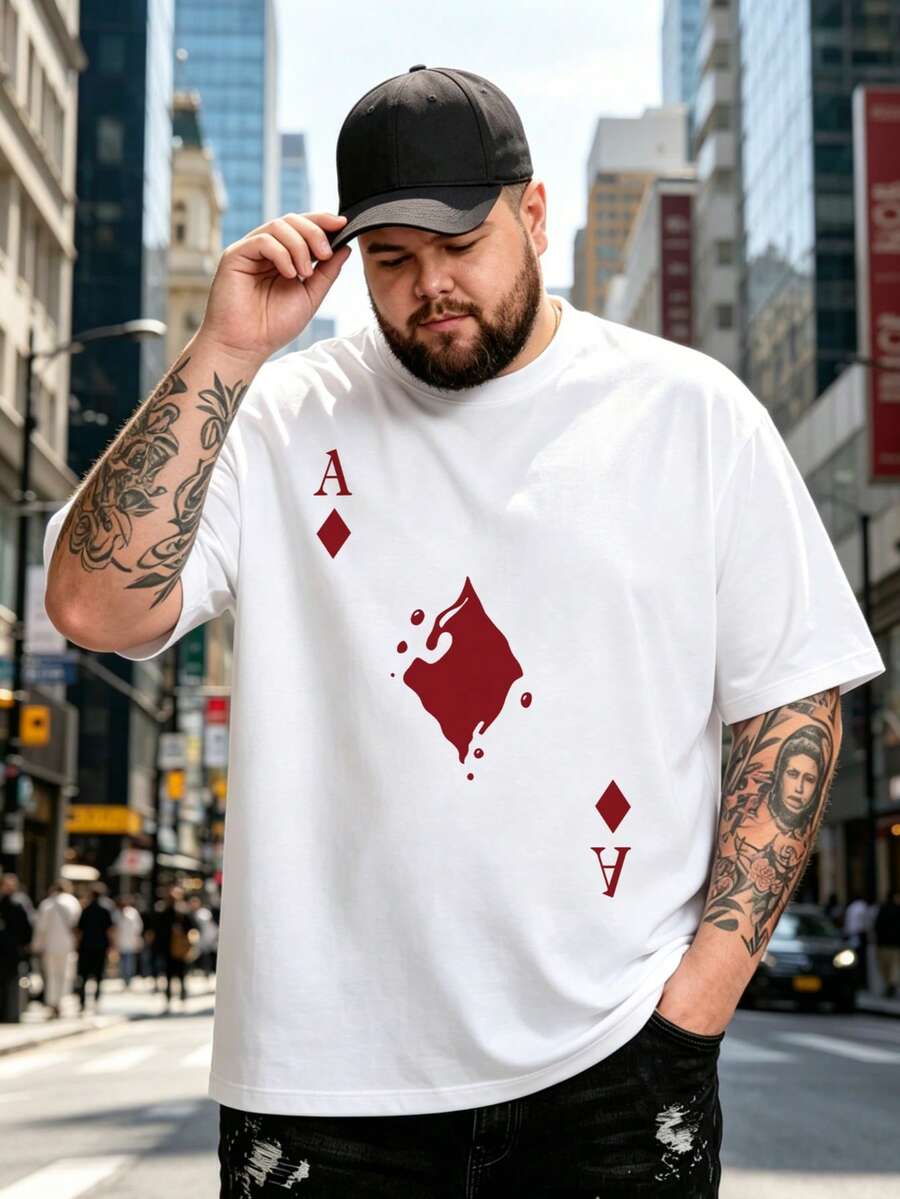 AnChiStreetwear - Men's Minimalist Playing Card Print Short Sleeve T-Shirt, Comfortable & Breathable, Fashionable Summer Wear - White - View 1