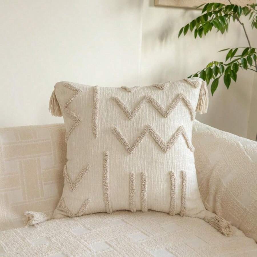 1pc Geometric Striped Embroidered Pillow Case, Minimalist Ins Style Polyester Chenille Fabric Loop Yarn Embroidered Pillow Case For Living Room Bedroom Sofa Car Pillow Replacement Cover Home Decor - Beige Waves - View 1
