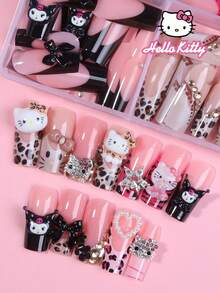 Sanrio Hello Kitty 96片裝（4款混色）Y2K中方豹紋美甲貼片，3D可愛Hello Kitty與Kuromi蝴蝶結裝飾法式漸層穿戴甲，完美貼合壓克力假指甲套組，含1片果凍膠與1片美甲锉，適合女孩派對使用 - 彩色 - 查看 4