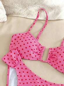 Elegant Women's Vacation Swimsuit Set, Overall Black And White Polka Dot Patchwork Design, U-Shaped Underwire Bust, Adjustable Shoulder Straps With Back Buckle And Backless Design, Side Pleated Pants, Suitable For Spring And Summer Beach Or Vacation - Hot Pink - View 4