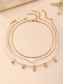 3piezas/Set Collar con Colgante de Estrellas de Mar, Conchas y Peces Estilo Bohemio Oceánico, Accesorio Diario para Adolescentes en Vacaciones - Multicolor - Ver 5