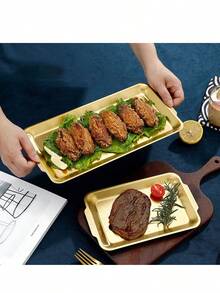 1 Stück rechteckiges Grilltablett aus Edelstahl, goldene Grillplatte, Serviertablett, Backform, Speiseplatte, Partyplatte, Dessertteller, Kuchenständer, Obstteller, Snackteller, Küchenzubehör, geeignet für Zuhause, Küche und Weihnachtsgeschenke - Gold - Übersicht 7