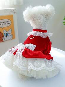 PETCIRCLE 1pc Pet Clothes Small Dog Puppy Spring Autumn Cute Pet Multi-Layer Tulle Tutu Dress Bow Velvet Formal Dress - Red - Red - View 1
