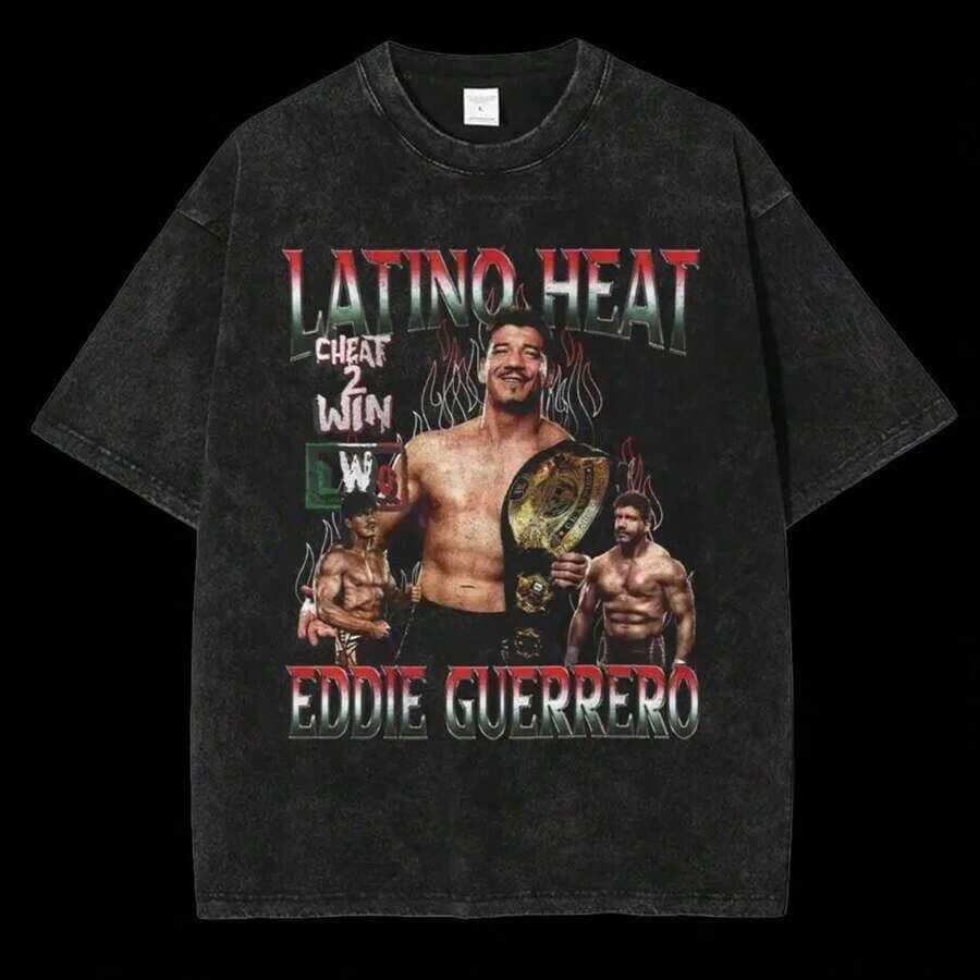 Cotton, Retro Washed Graphic T-Shirt, 100 Percent Cotton, Eddie Guerrero Vintage, Wrestling T-Shirt, T-Shirt, Wrestling Gift, Sports T-Shirt, Training T-Shirt - 黑色 - 查看 1