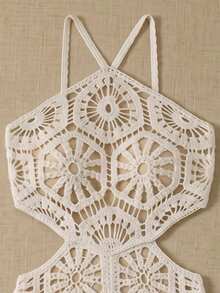 Summer Boho Halter Neck Crochet Lace Maxi Dress, Casual Beach Vacation Bohemian Cover Up For Women - Apricot - View 7