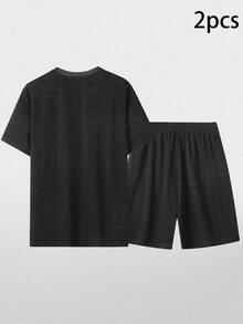 男士轻薄提花针织运动套装（两件套），黑色短袖T恤和抽绳短裤，速干面料，适合跑步、健身和日常穿着。 - 黑色 - 查看 2