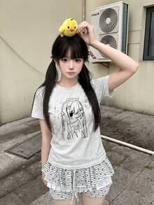 2026夏季新款圓領休閒寬鬆動漫女孩印花甜美日系Y2K學院風百搭學生女款短袖T恤 1件 - 淺花灰 - 查看 4