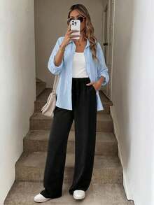 Conjunto de 3 piezas para mujer de otoño 2024: Blusa elegante transparente, pantalones anchos estilizadores, blazer con estilo - Celeste - Ver 7