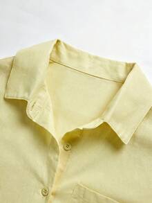 UREREM Solid Color New Elegant Fashion Women's Lapel Long Sleeve Shorts Set, 120G Woven Fabric, Minimalist Commuting Style, High-End Spring - Light Yellow - View 5