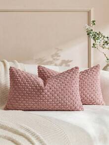 1pc/2pcs Bohemian Striped Throw Pillow Cover (Insert Not Included), Soft Plush Corduroy Solid Color Decorative Square Pillow Case, Suitable For Holiday, Sofa, Bedroom, Bed, All Seasons Use. - Coral Pink - View 5