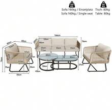 Garden Lounge Set With Galvanized Iron Frame, Grey Rope Garden Furniture, Adjustable Feet, Smooth Glass Tabletop, 5-Piece Set, Including All Seat And Back Cushions. - Beige - View 5