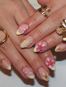 24 Peças Unhas Postiças Curtas em Formato de Amêndoa, Estilo Gota de Água Floral Francesa Amarela de Férias de Verão, Unhas Acrílicas Press-On Fofas de Liga, Conjunto de Suprimentos de Arte de Unhas em Gel (Inclui 1 Peça de Cola de Gelatina e 1 Peça de Lixa de Unha), Adequado para Uso Diário, Encontros e Festas de Mulheres - Multicolorido - Visão 1