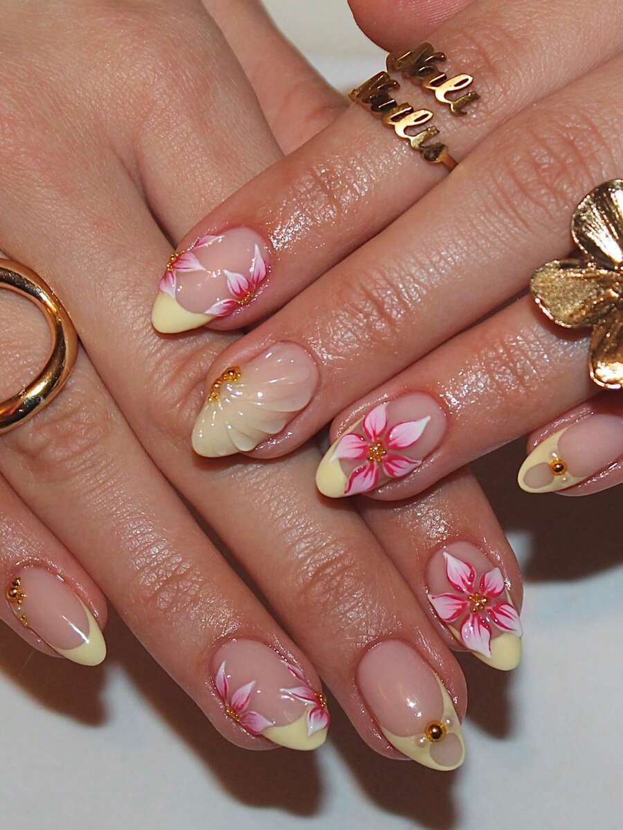 24 Peças Unhas Postiças Curtas em Formato de Amêndoa, Estilo Gota de Água Floral Francesa Amarela de Férias de Verão, Unhas Acrílicas Press-On Fofas de Liga, Conjunto de Suprimentos de Arte de Unhas em Gel (Inclui 1 Peça de Cola de Gelatina e 1 Peça de Lixa de Unha), Adequado para Uso Diário, Encontros e Festas de Mulheres - Multicolorido - Visão 1