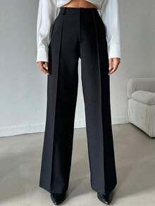 Women's Black Polyester Long Straight Leg Pants, With Zipper And Button Details, Non-Stretch Fabric, Suitable For Various Outfits - Black - View 2