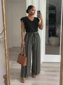 SHEIN Lady CURVE 2件組大尺碼女款波希米亞風黑色純色上衣與黑白條紋圖案長褲套裝，時尚新風格優雅 - 黑色 - 查看 8