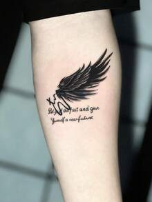 1pc Dark Wind Wings Handwritten Pattern Temporary Tattoo Sticker, With Realistic Tattoo Design, Suitable For Daily Travel, Music Festivals, Games, Graduation Gifts, And Lasts For 3-5 Days. - Black - View 3