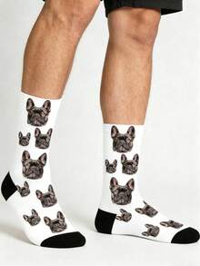 1 Pair Unisex Custom French Bulldog Portrait Print Teal & Black Comfort-Fit Playful Personalized Socks For Daily Casual Wear & Pet Lover Gifting - White - View 2