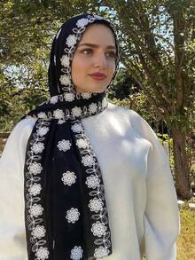 1件女款素色刺繡花卉極簡風披肩圍巾頭巾，刺繡，頭巾，女用圍巾，柔軟舒適多功能頭巾，適合日常穿著，四季皆宜 - 黑色刺繡 - 查看 3