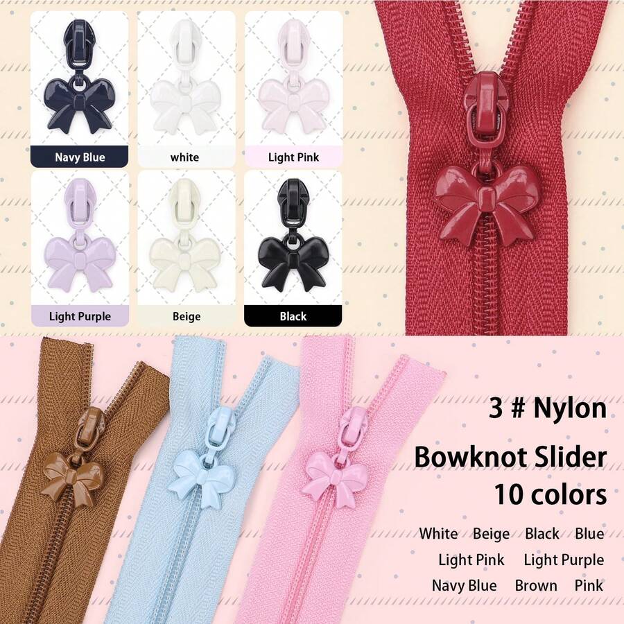 1 Set = 5 Yards (177.16 Inch) Zipper + 10 Bow Zipper Pulls, Colorful Nylon Zipper + Colorful Zipper Pulls, Exquisite Bow Zipper Pulls, Suitable For Bags, Handmade Wallets, Stationery Bags, Handmade DIY, Sewing Replacement, Etc. - Little Bow - View 1