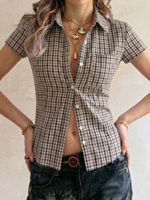 ENGU CO. Chemise à carreaux à manches courtes style Y2K décontractée rétro douce & cool pour femmes, nouvelle collection d'été - Multicolore - Voir 5