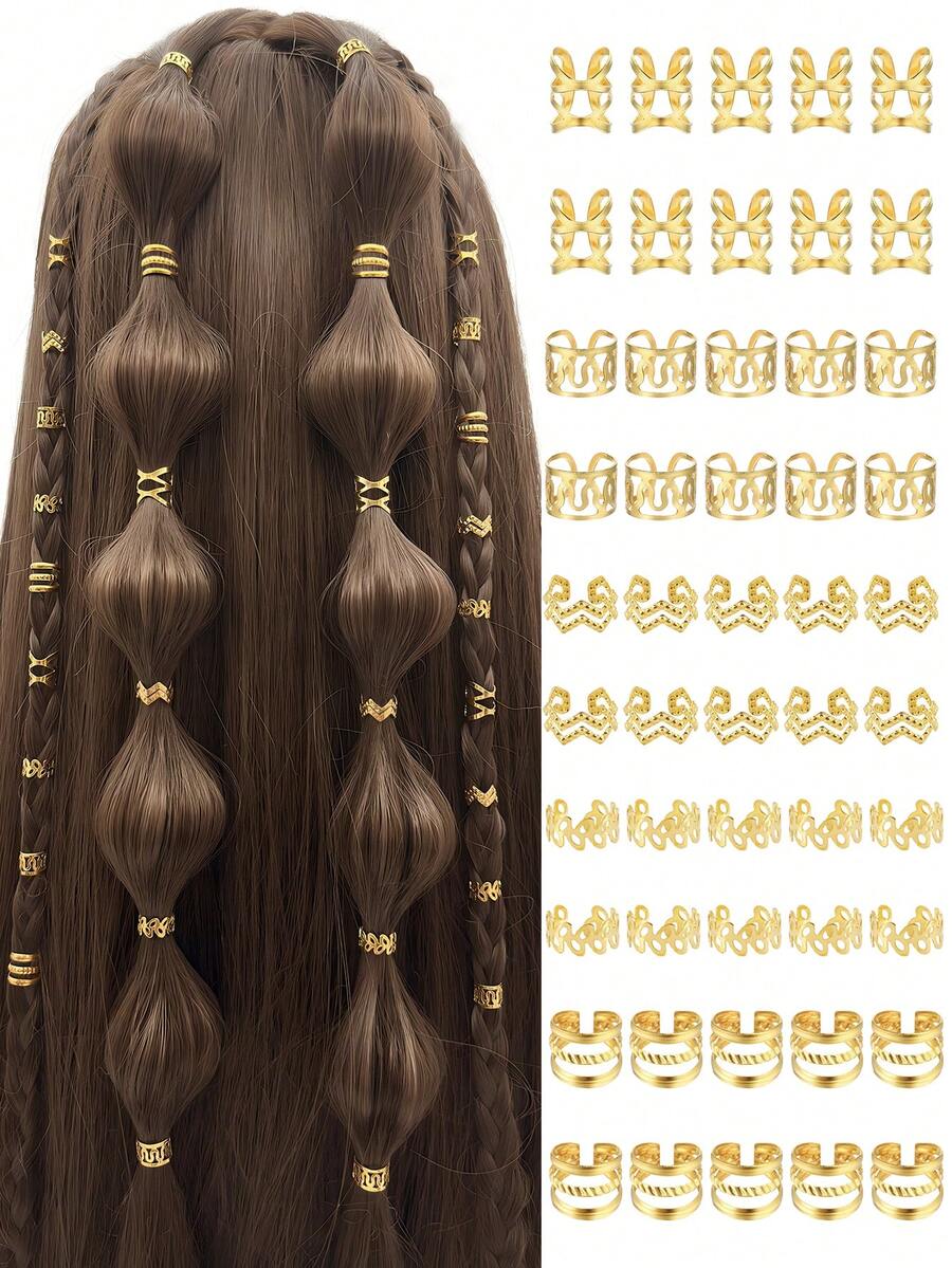 50pcs Hair Rings Collection(Shaped- Wave & Leaf )- Multi-Design Adjustable Hair Cuffs, Boho Hair Jewelry For Girl's Braids(Daily Life) - Gold - View 1