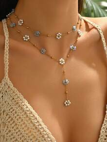 2pcs Women's Double Layered Flower Necklace, Niche Design, Fresh And Versatile, Suitable For Daily Wear And Travel - Gold - View 6