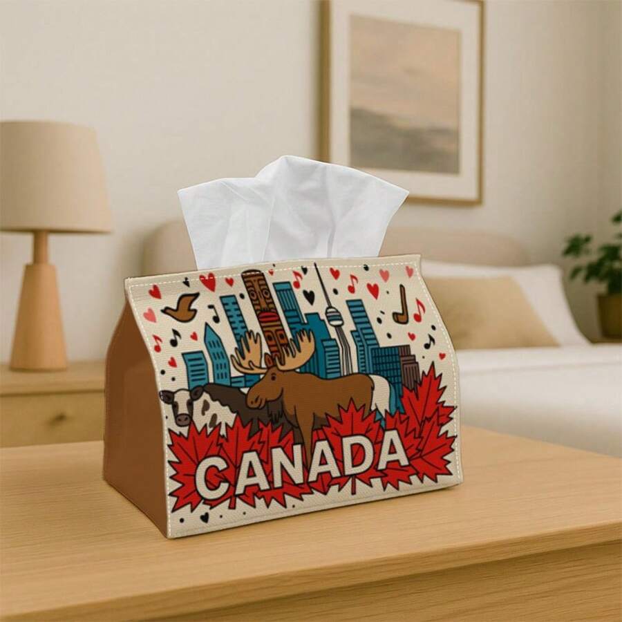 1pc Canadian Moose Design Tissue Box Cover - Vintage Fun Bold Napkin Holder, Suitable For Home, Kitchen And Car Decor | Multi-Functional Fabric Tissue Dispenser With Floral Details | Perfect For Christmas, Halloween And Daily Use