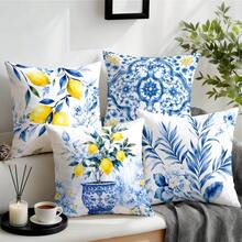 4pcs/1pc Fronha de Almofada em Porcelana Azul e Branca com Padrão Floral de Limão Sem Enchimento, Fronha de Almofada Impressa em Um Lado, Adequada para Sala de Estar, Quarto, Decoração de Casa, Fronha de Almofada para Todas as Estações - Multicolorido - Ver 1