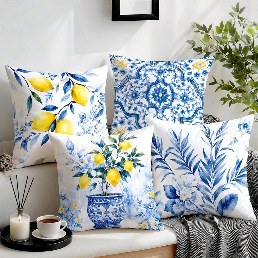 4pcs/1pc Fronha de Almofada em Porcelana Azul e Branca com Padrão Floral de Limão Sem Enchimento, Fronha de Almofada Impressa em Um Lado, Adequada para Sala de Estar, Quarto, Decoração de Casa, Fronha de Almofada para Todas as Estações - Multicolorido - Ver 1