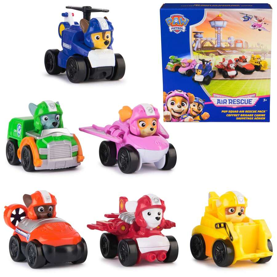 Spin Master Paw Patrol 汪汪隊_ 空中救援 6件組幼犬小隊賽車玩具車禮盒，含毛毛、馬歇爾、天天空、小礫、洛奇與祖馬，適合3歲以上男孩女孩兒童玩具
