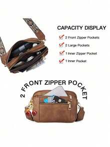 Fashion Solid Color Faux Leather Women's Bag With Adjustable Shoulder Strap, Multi-Functional Zipper Crossbody Bag, Suitable For Outings And Shopping - Brown - View 5