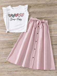 Girls Heart Print Short Sleeve Top And Long Skirt - Pink - View 2