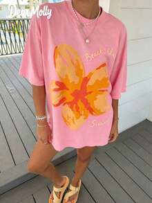 Tops Women Summer DEAR MOLLY Beach Club Swim Hibiscus Print T-Shirt,Casual Loose Round Neck Drop ShoulderShort SleeveTee,Daily Wear,&ComfortableY2k - 粉色 - 查看 1