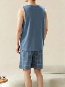 AICJ 男士纯色休闲宽松简约字母印花背心上衣、短裤睡衣套装，春夏款 - 藍色 - 查看 2