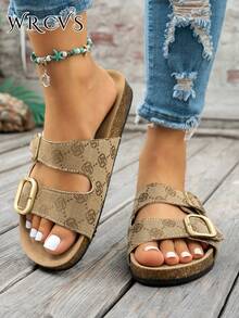 WRCVS Black Leopard Print Women's Flat Sandals With Buckle Decor, Random Pattern Slippers, Cork Sole, Non-Slip Beach Shoes, Bohemian Style Vacation Shoes - Brown - View 4
