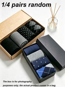 1/4 Pares de Meias Sociais Masculinas com Estampa de Grade de Diamante e Poá, Cano Médio, Macias, Confortáveis e Respiráveis, Adequadas para Uso Diário, Combinação de Escritório, Todas as Estações, Cor e Estilo Aleatórios - Multicolorido - Visão 1