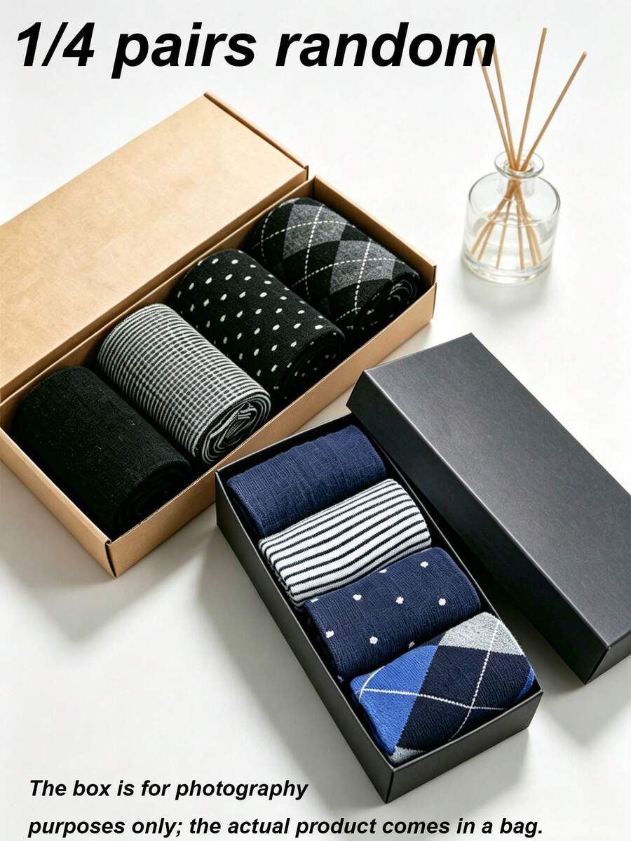 1/4 Pares de Meias Sociais Masculinas com Estampa de Grade de Diamante e Poá, Cano Médio, Macias, Confortáveis e Respiráveis, Adequadas para Uso Diário, Combinação de Escritório, Todas as Estações, Cor e Estilo Aleatórios - Multicolorido - Visão 1