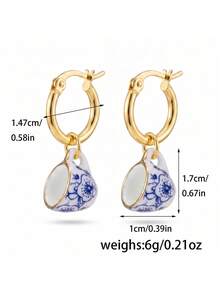 ZIRUISP Women Floral Porcelain Teacup Dangle Earrings, Mini Tea Cup Hoop Charm, Cottagecore Aesthetic Jewelry, Tea Party Lover Birthday Gift - Teacup Earrings - View 6