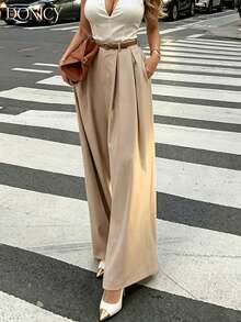 DONICY Women's Beige High-Waisted Pleated Wide-Leg Pants, Suitable For Office And Casual Wear - Khaki - View 3