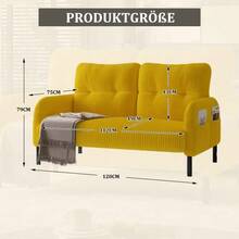 Two-Seater Corduroy Sofa With Comfortable Padding, High Back And Side Pockets, Metal Legs, Integrated Side Pockets, Welcoming Softness And Optimal Support, Perfect For Relaxation Spaces In The Home Office. - Yellow - View 3
