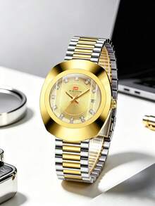 VA VA VOOM Brand Men's Quartz Watch, Luxury Gold Stainless Steel Band, 40mm Oval Dial With Rhinestone Markers, Original Timekeeping And Date Function, Business Style, Fashionable And Versatile, Suitable For Work, Party, School And Other Occasions, Men's Holiday Gift Wristwatch - Gold - View 5
