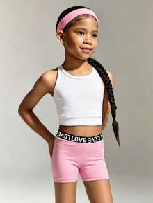 3 piezas/Set Pantalones cortos para niñas, pantalones cortos con estampado de letras en la cintura, casual, para exteriores, fitness, yoga, tela de alta elasticidad, suave y cómodo - Multicolor - Ver 3