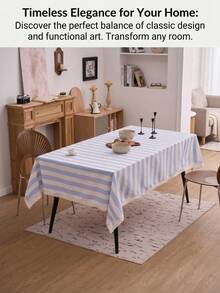 1pc Striped Lace Tablecloth, American Country Style Simple Decorative Dining Table Cloth, Rectangular Coffee Table TV Cabinet Entryway Multi-Functional Cover, Suitable For Holiday Gathering Birthday Party Wedding Dinner Table Decoration Room Decor Office Desk Coffee Table Mat Outdoor Picnic Mat Home Decor Room Decor All Seasons - Blue - View 4