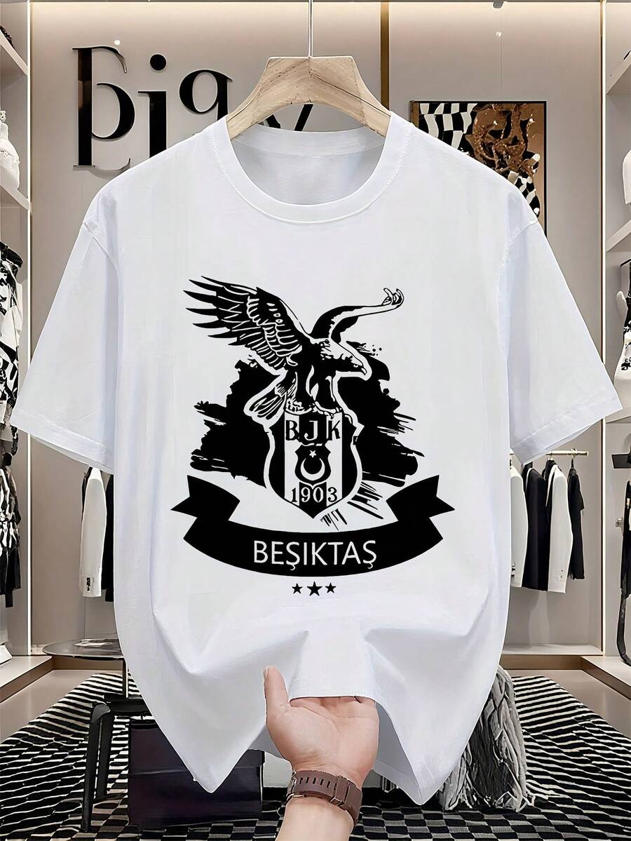 Men's Besiktas Istanbul Football Club T Shirt - Official Model,With An Eagle Pattern,Black And White Jersey,Regular Fit Cotton Fabric T Shirt,Suitable For Casual Fans To Wear,Machine Washable.Breathable And Lightweight,2026New T Shirt,Breathable Stretch Fabric,Suitable For Casual Wear In Summer,Machine Washable,Suitable For Outdoor And Home Wear,T Shirt,Pattern Printing,Comfortable Fabric. - White - View 1