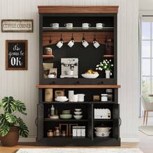 Soonbuy Coffee Bar Cabinet,72" Tall Farmhouse Coffee Bar Hutch With Storage,Sideboard Buffet Cabinet With Microwave Stand/Glass Shelf/6 Hooks/3 Drawers For Kitchen Living Dining Room(Ship In 2 Boxes) - Walnut+Black - View 1