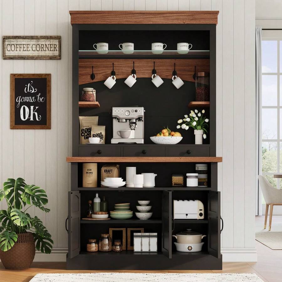 Soonbuy Coffee Bar Cabinet,72" Tall Farmhouse Coffee Bar Hutch With Storage,Sideboard Buffet Cabinet With Microwave Stand/Glass Shelf/6 Hooks/3 Drawers For Kitchen Living Dining Room(Ship In 2 Boxes) - Walnut+Black - View 1