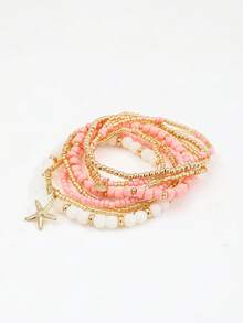 Set de 8 pulseras de cuentas de estilo bohemio con colgantes de estrella de mar y concha de cuentas de semilla rosa, pulseras de cuentas apilables de múltiples capas con cristal falso CCB para mujeres - Dorado - Ver 3