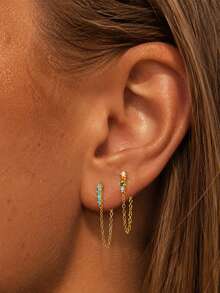 FOREVER QUEEN 1PC 925 Sterling Silver Chain Loop Stud Earring For Women, Colorful CZ Bar Front Back Chain Dangle Earring, Minimalist Cartilage Piercing Jewelry - Single Earring - View 8